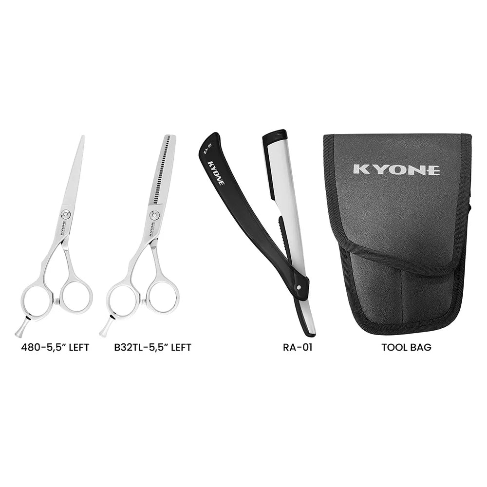 KYONE STL-01 linkse Knipschaar + Linkse Effileerschaar + Scheermes + Holster Set