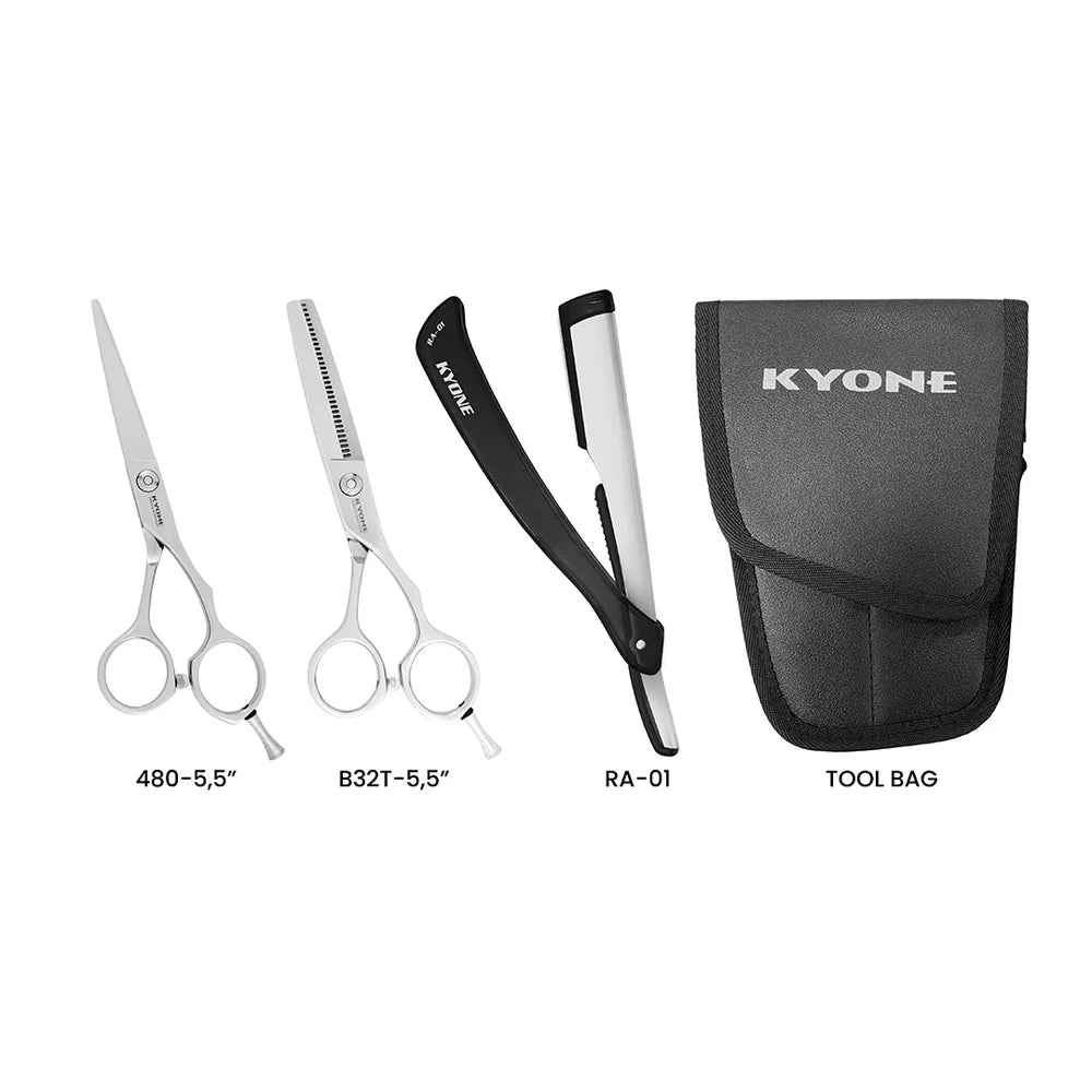 KYONE STS-01 Knipschaar + Effileerschaar + Scheermes + Holster Set