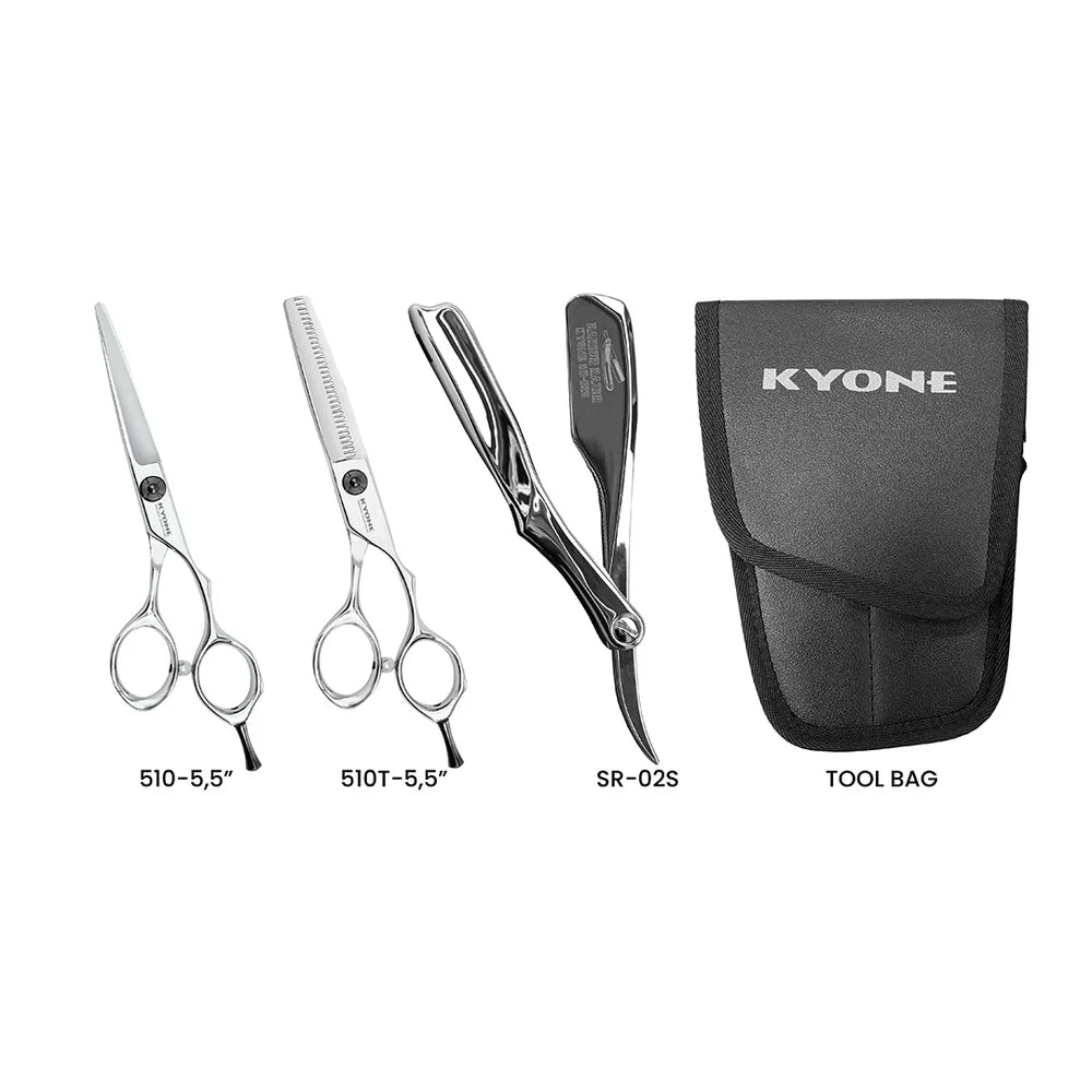 KYONE STS-06 Knipschaar + Effileerschaar + Scheermes + Holster Set